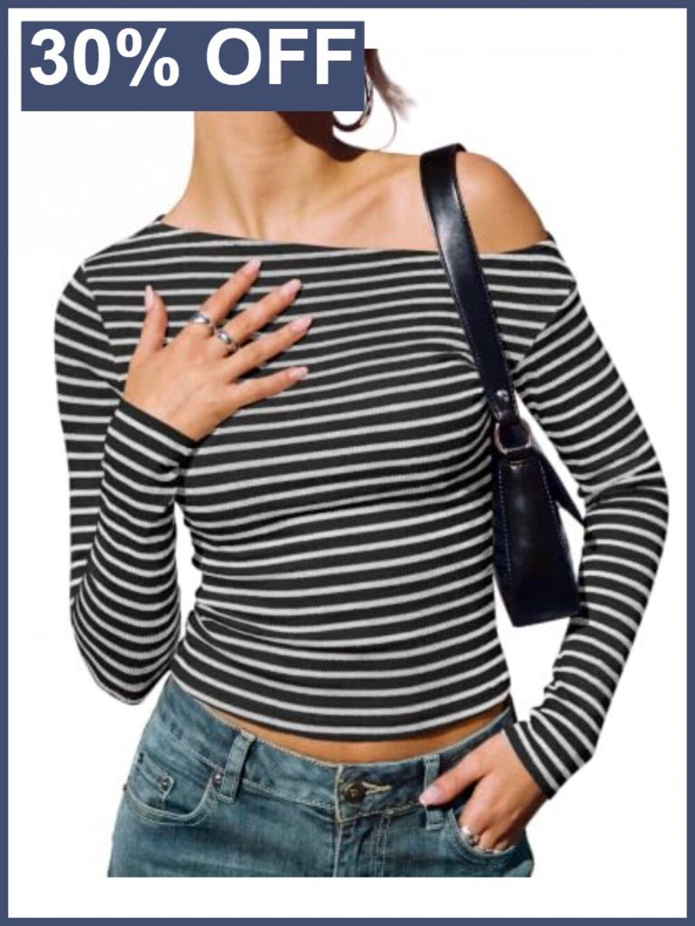 Women Off Shoulder Striped Long Sleeve Fitted Knit Crop Top